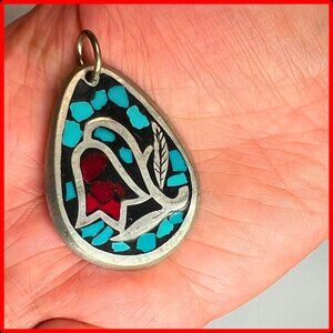 Large Turquoise & Coral Simulant Teardrop Shape Necklace Pendant